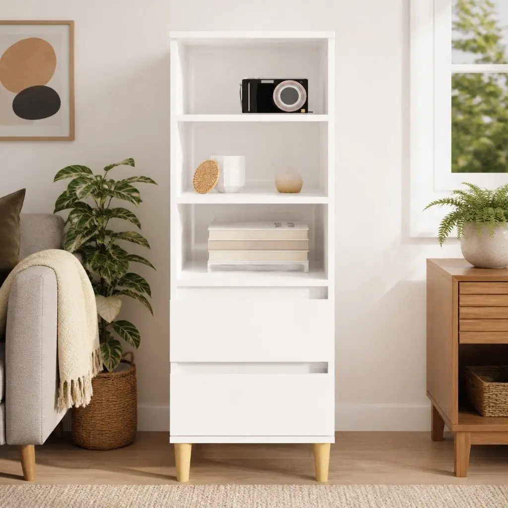 Highboard Storage Cabinet White Engineered Wood Sideboard 3 Shelves 2 Drawers