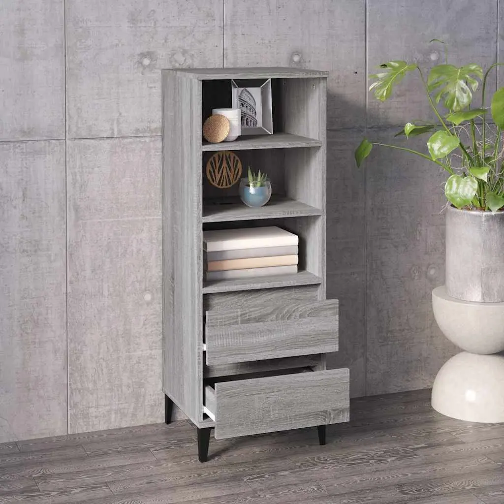 Highboard Cabinet Engineered Wood with Metal Feet 40x36x110cm Grey Storage Shelves Drawers
