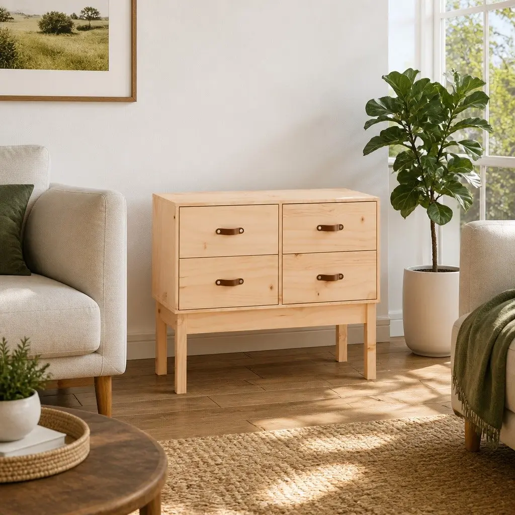 Solid Pine Wood Console Cabinet with 4 Drawers Rustic Brown Storage 90x40x78cm