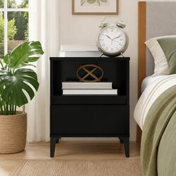 Black Nightstand with Drawer and Metal Feet for Storage