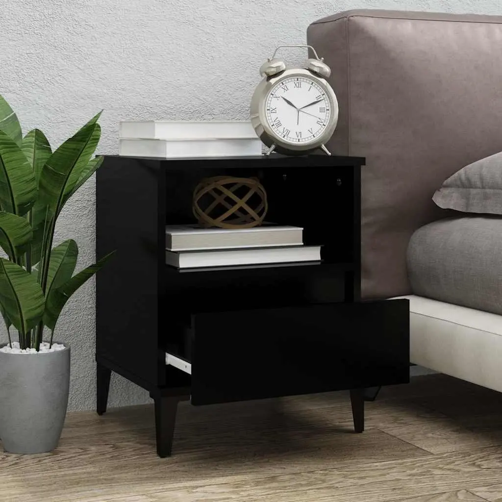 Black Nightstand Engineered Wood Bedside Cabinet with Drawer Compartment and Metal Feet 40x35x50cm