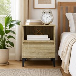 Brown Bedside Cabinet with Drawer and Metal Feet