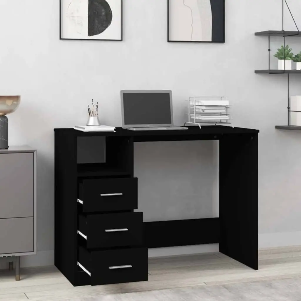 Black Engineered Wood Office Desk with Open Compartment and 3 Drawers Study Space 102 x 50 x 76 cm