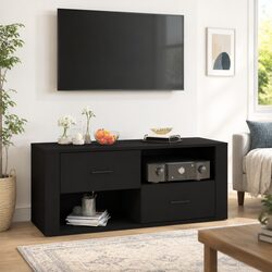 Black Engineered Wood TV Cabinet with Storage Features