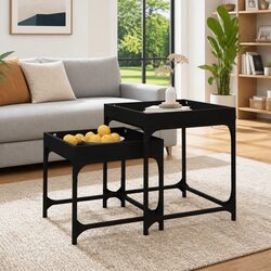 Set of 2 Black Steel Frame and Engineered Wood Side Tables