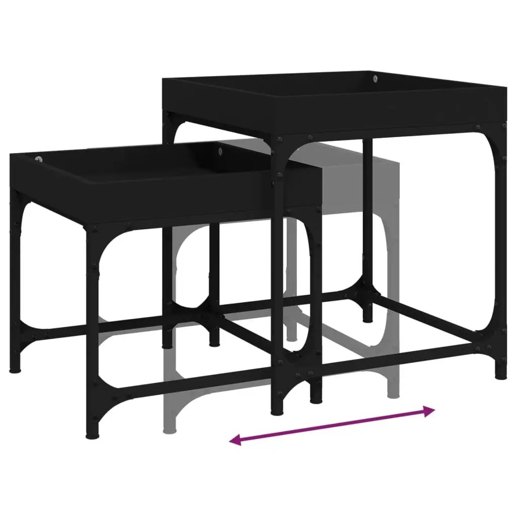 Side Tables Space-Saving Adjustable Legs 2 Piece Black Engineered Wood Steel Frame Coffee Accent Table Set