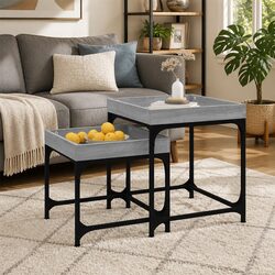 Industrial Side Tables Set of 2 with Steel Frame and Wood