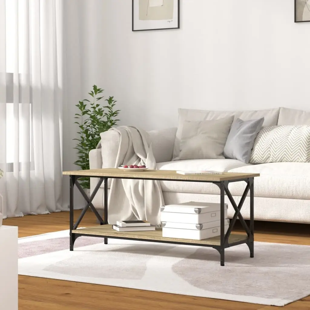 Brown Coffee Table with Open Shelf Engineered Wood Iron Frame 100x45x45cm