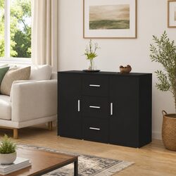 Black Sideboard Cabinet: Engineered Wood with 2 Doors & 3 Drawers