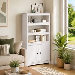 Solid Pine Wood White Highboard Storage Cabinet with Doors