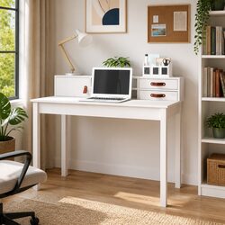 Compact White Solid Pine Wood Office Desk for Storage