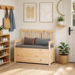 Storage Bench with Backrest and Armrests in Brown Pine Wood