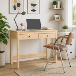 2-Drawer Solid Pine Wood Office Desk, Brown Finish