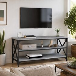 Durable Grey Engineered Wood TV Cabinet with Iron Frame