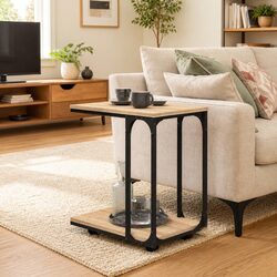 C-Shape Brown Engineered Wood Side Table with Wheels