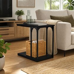 C-Shape Side Table in Black with Engineered Wood and Steel