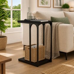 Black C-Shape End Table with Storage Compartment