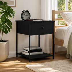Black Bedside Table with Engineered Wood and Metal Frame