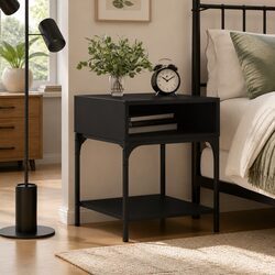 Black Nightstand with Engineered Wood and Iron Frame
