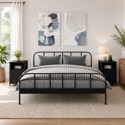 Black Engineered Wood Nightstands 2 pcs with Iron Frame