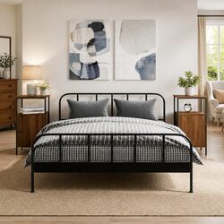 Set of 2 Brown Oak Bedside Cabinets with Iron Frame