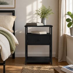 Black Engineered Wood Bedside Cabinet with Iron Frame