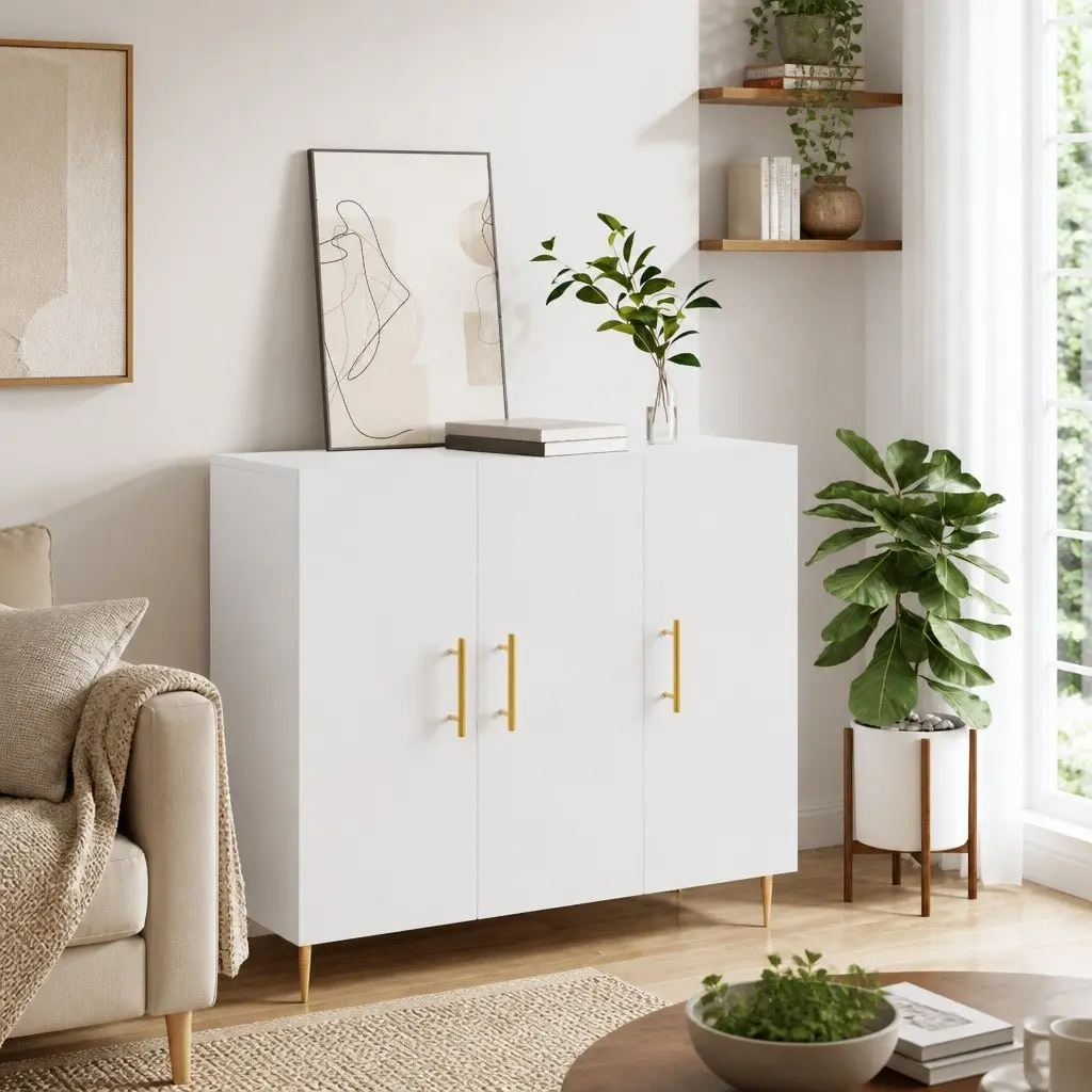Sideboard Modern Storage Cabinet White 90x34x80 cm Engineered Wood Metal Legs
