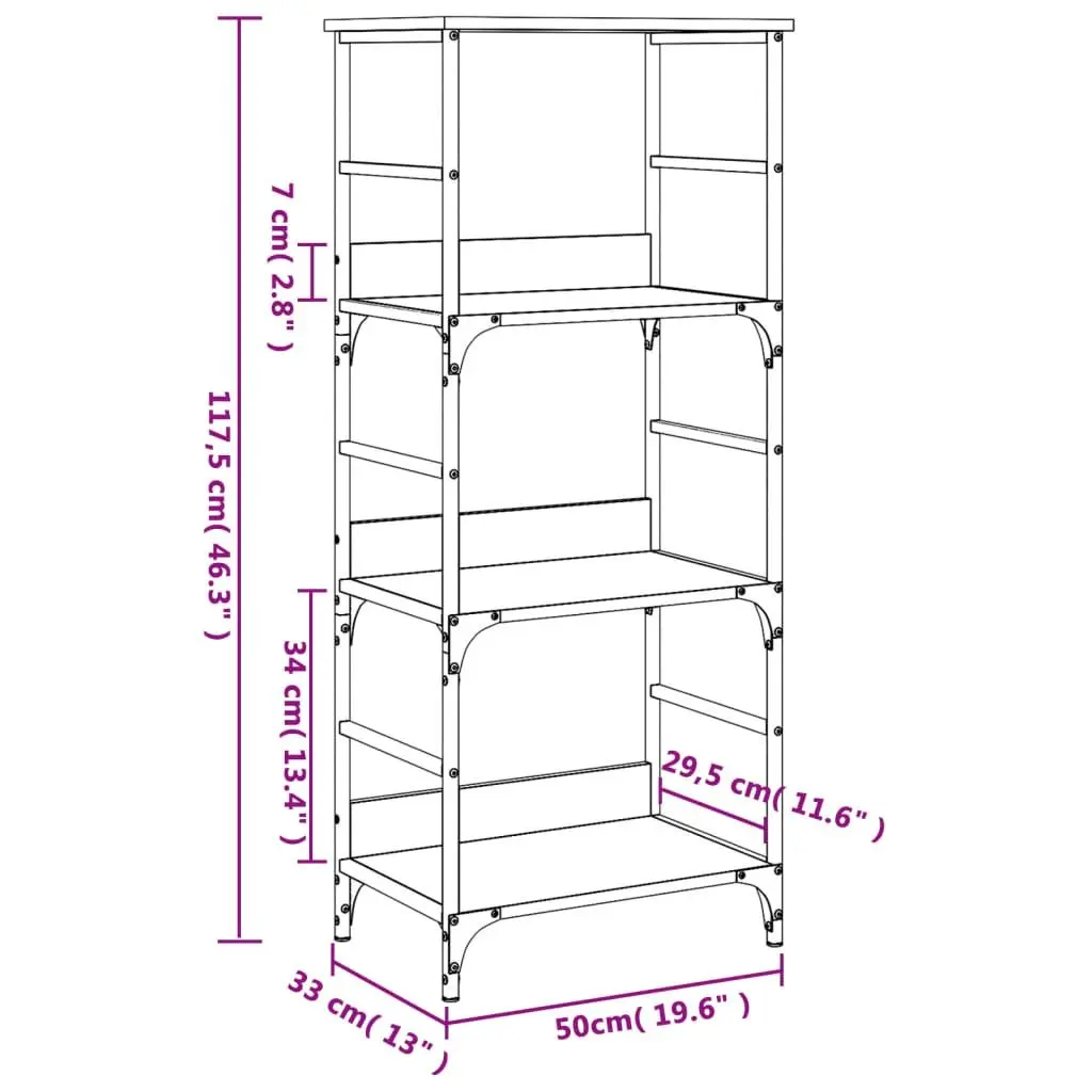 3-Tier Storage Shelf Engineered Wood Industrial Style Sonoma Oak 50x33x117.5cm Bookshelf