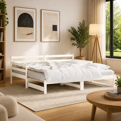 Solid Wood Daybed with Trundle - White, 90x190 cm