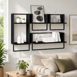 Black Wall Shelf Set - 4 Floating Shelves with Bars
