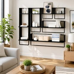 6-Piece Floating Wall Shelf Set with Bars in Black