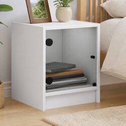White Engineered Wood Bedside Cabinet with Glass Door