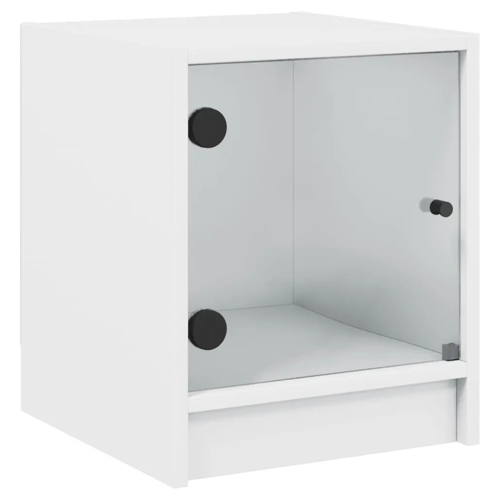 Bedside Table Glass Door Storage White Engineered Wood 35W x 37D x 42H cm