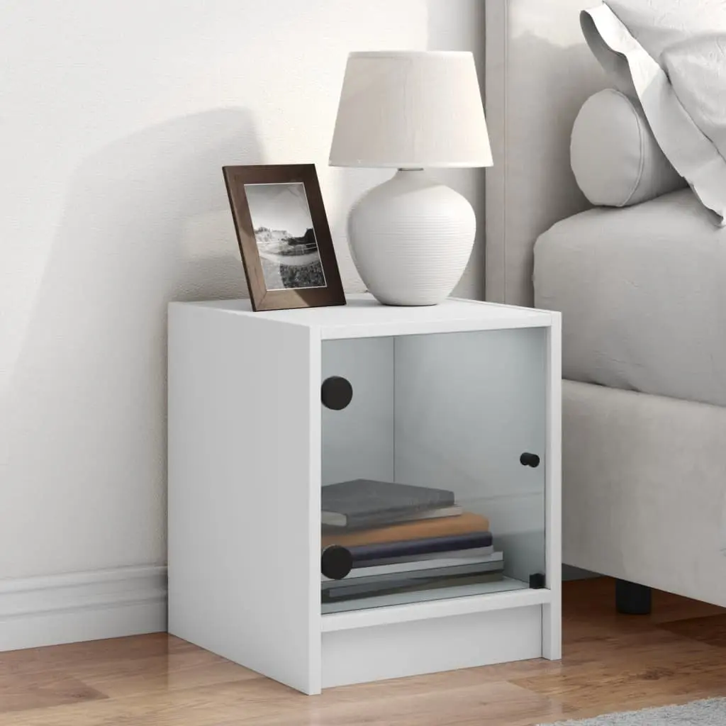 Bedside Table Glass Door Storage White Engineered Wood 35W x 37D x 42H cm