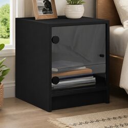 Set of 2 Black Bedside Cabinets with Glass Doors