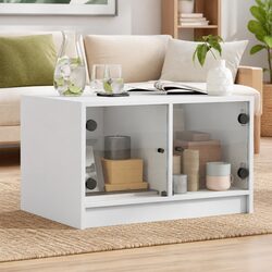 White Coffee Table with Glass Doors for Storage 68x50x42cm