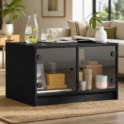 Coffee Table with Glass Doors, Engineered Wood, Black