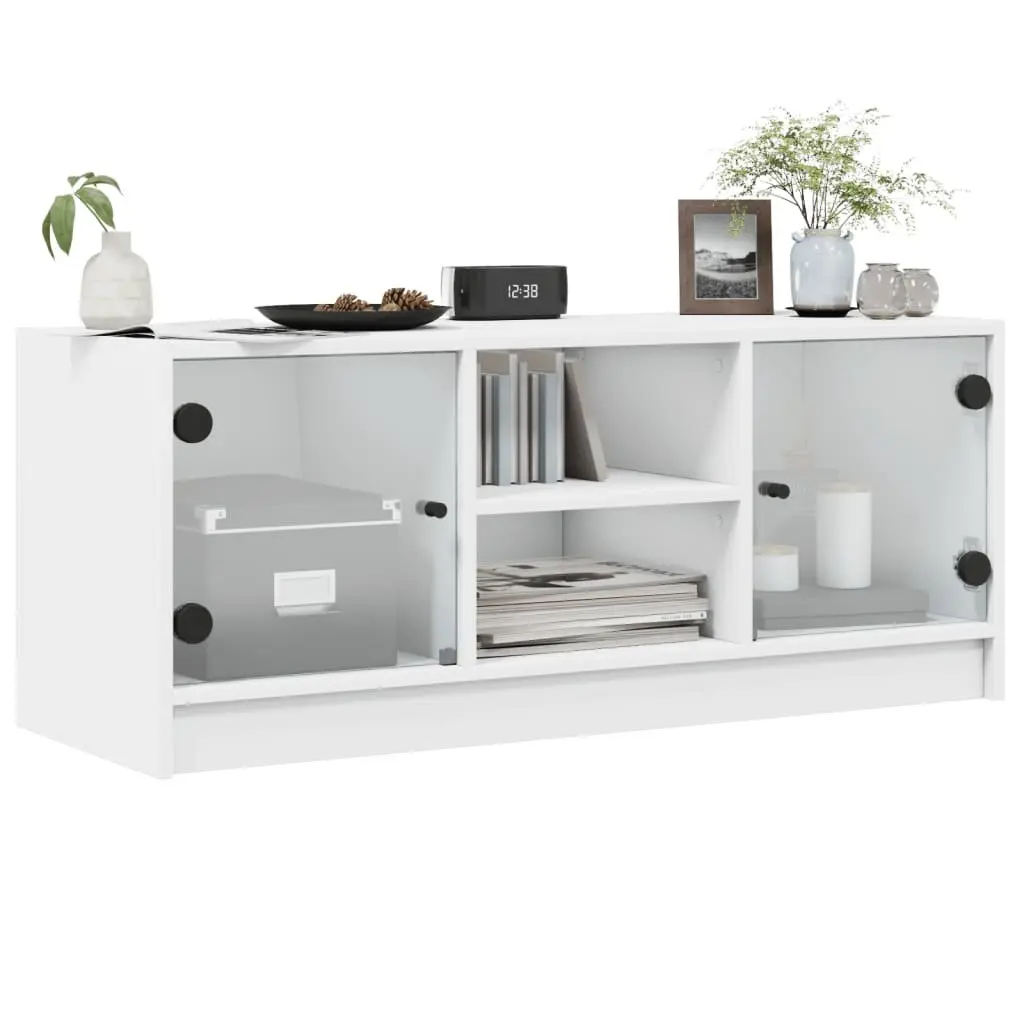 TV Cabinet Glass Doors Storage Unit 102x37x42 cm White
