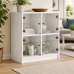 White Side Cabinet with Glass Doors and Engineered Wood