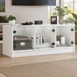 White Media Stand with Glass Doors Storage Unit 102x37x42cm