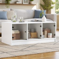 Functional White Coffee Table with Glass Doors and Storage