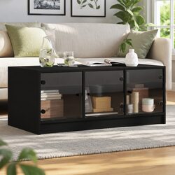 Black Coffee Table with Glass Storage and Engineered Wood