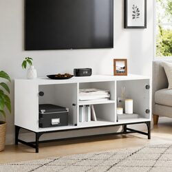 TV Cabinet with Glass Doors in White Finish