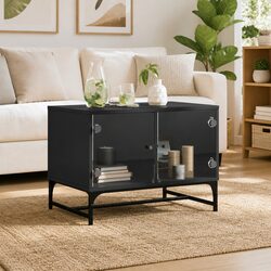 Black Coffee Table with Glass Doors and Ample Storage