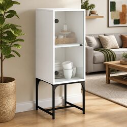White Engineered Wood Side Cabinet with Glass Doors