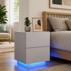 White Engineered Wood Bedside Cabinet with LED Lights