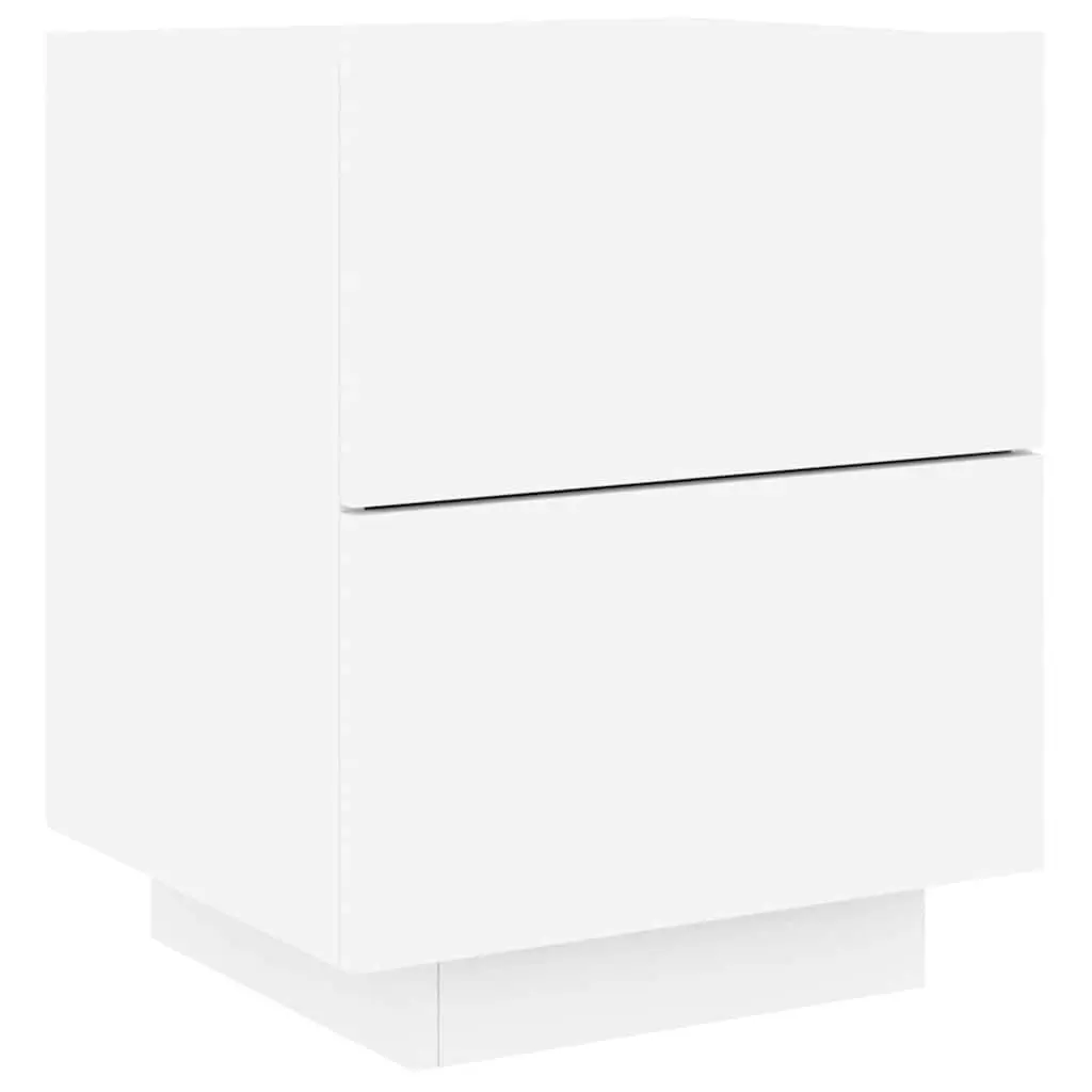 White Nightstand with RGB LED Lighting Two Drawer Storage Engineered Wood
