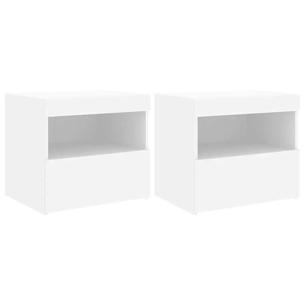 Bedside Table with LED Lights Modern Storage Cabinet 50W x 40D x 45H cm White 2 Piece