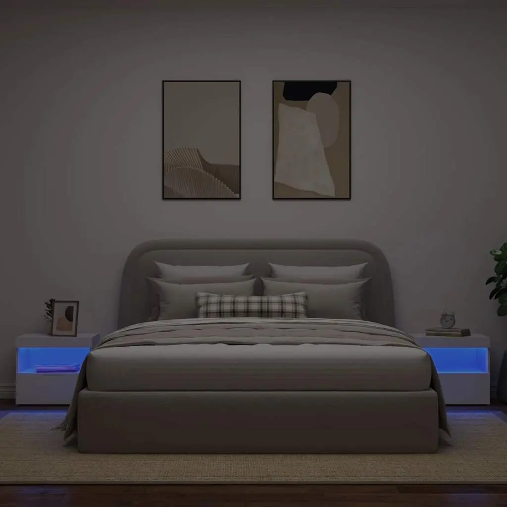 Bedside Table with LED Lights Modern Storage Cabinet 50W x 40D x 45H cm White 2 Piece