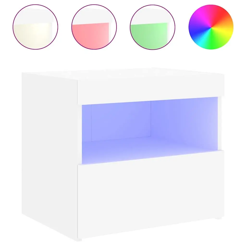 Bedside Table with LED Lights Modern Storage Cabinet 50W x 40D x 45H cm White 2 Piece
